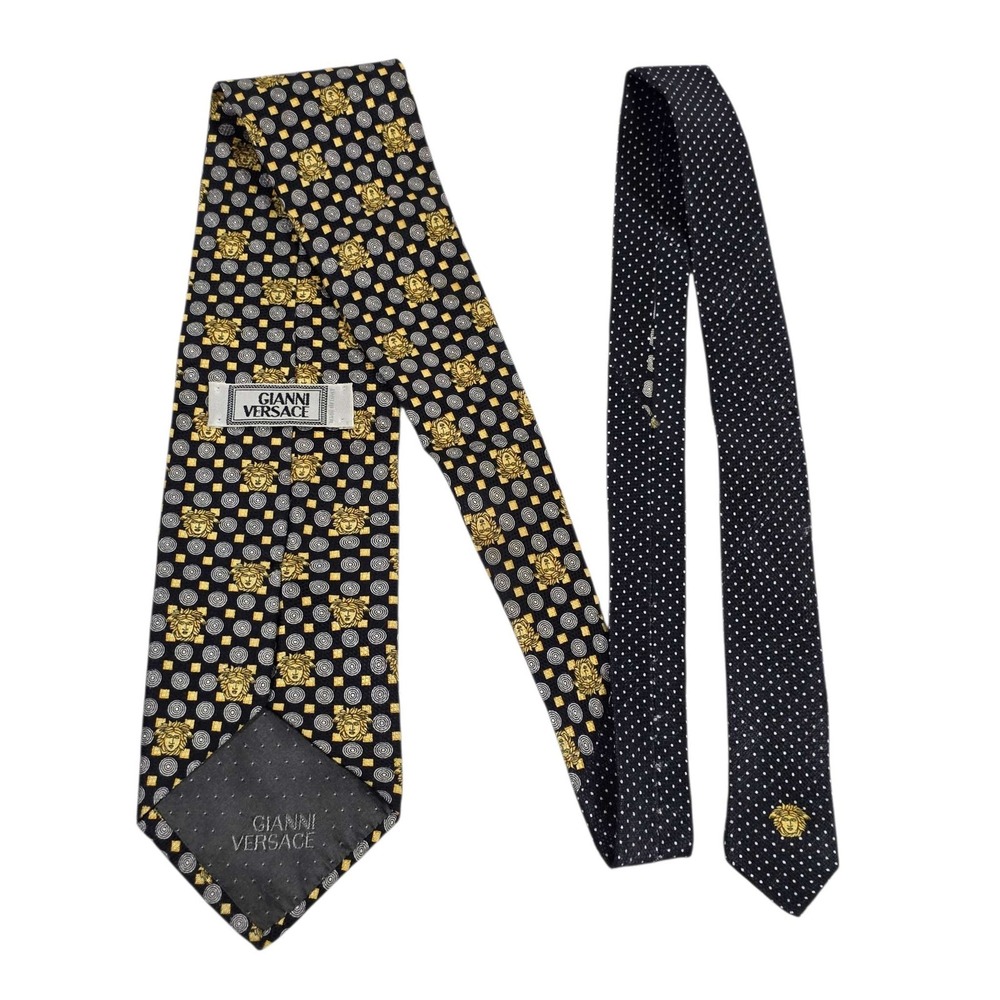 Gianni Versace‎ Silk Medusa Pattern Neck Tie Black Gold Luxury Fashion Designer